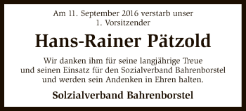 Traueranzeige von Hans-Rainer Pätzold von SYK