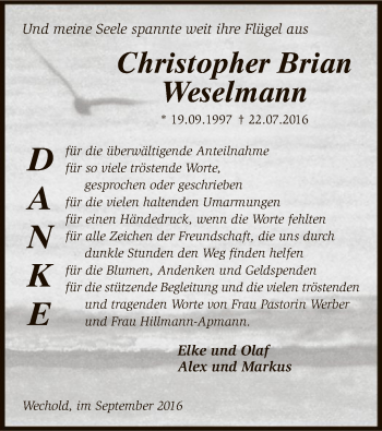 Traueranzeige von Christopher Brian Weselmann von SYK