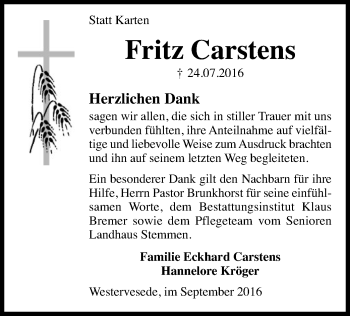 Traueranzeige von Fritz Carstens von SYK