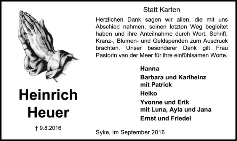  Traueranzeige für Heinrich Heuer vom 17.09.2016 aus SYK