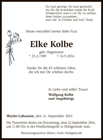 Traueranzeige von Elke Kolbe von SYK