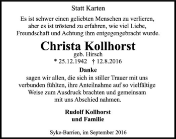 Traueranzeige von Christa Kollhorst von SYK