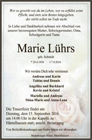 Traueranzeige von Marie Lührs von SYK