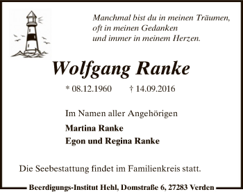 Traueranzeige von Wolfgang Ranke von SYK