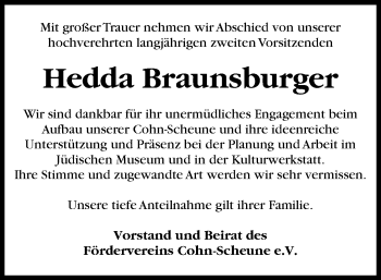 Traueranzeige von Hedda Braunsburger von SYK