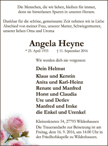 Traueranzeige von Angela Heyne von SYK