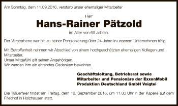 Traueranzeige von Hans-Rainer Pätzold von SYK