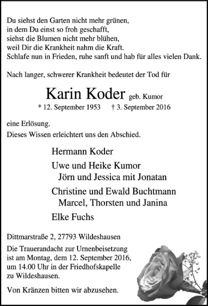  Traueranzeige für Karin Koder vom 07.09.2016 aus SYK