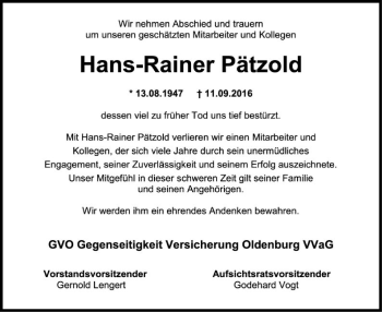 Traueranzeige von Hans-Rainer Pätzold von SYK