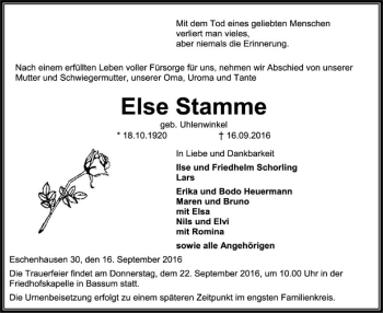 Traueranzeige von Else Stamme von SYK