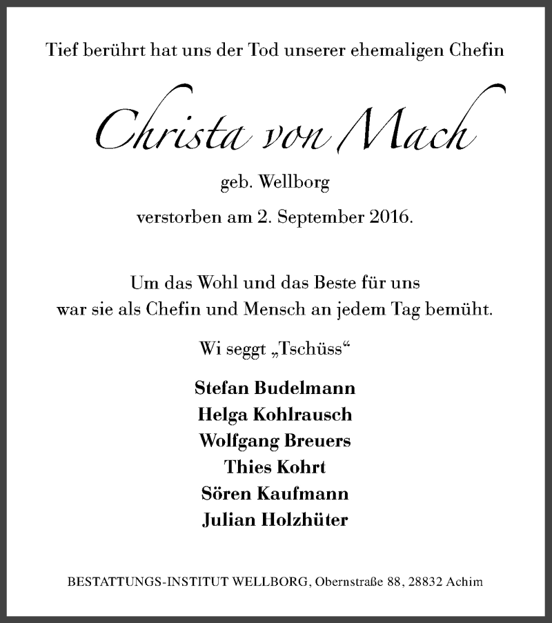  Traueranzeige für Christa von Mach vom 06.09.2016 aus SYK