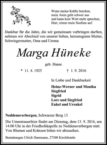 Traueranzeige von Marga Hüneke von SYK