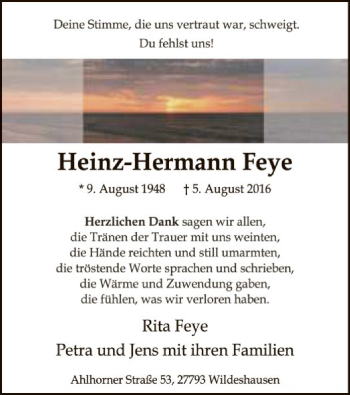 Traueranzeige von Heinz-Hermann Feye von SYK