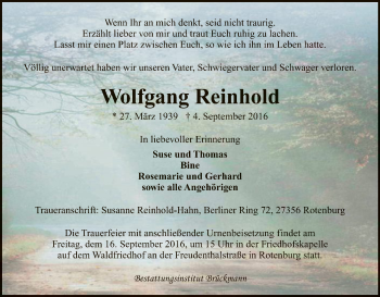 Traueranzeige von Wolfgang Reinhold von SYK
