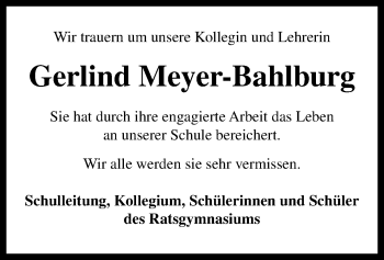 Traueranzeige von Gerlind Meyer-Bahlburg von SYK