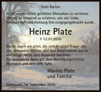 Traueranzeige von Heinz Plate