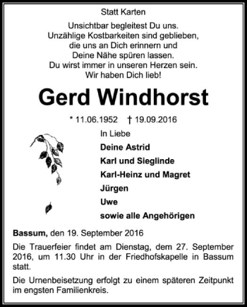 Traueranzeige von Gerd Windhorst von SYK