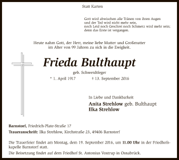 Traueranzeige von Frieda Bulthaupt von SYK