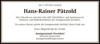 Traueranzeige von Hans-Rainer Pätzold von SYK