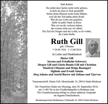 Traueranzeige von Ruth Gill von SYK