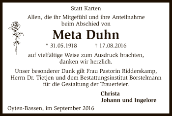 Traueranzeige von Meta Duhn von SYK