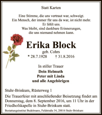 Traueranzeige von Erika Block von SYK