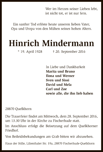 Traueranzeige von Hinrich Mindermann von SYK