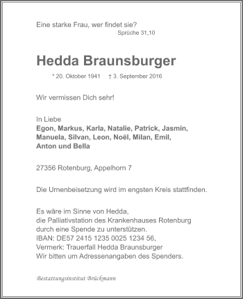 Traueranzeige von Hedda Braunsburger von SYK