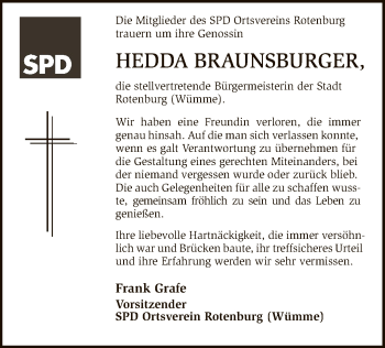 Traueranzeige von Hedda Braunsburger von SYK