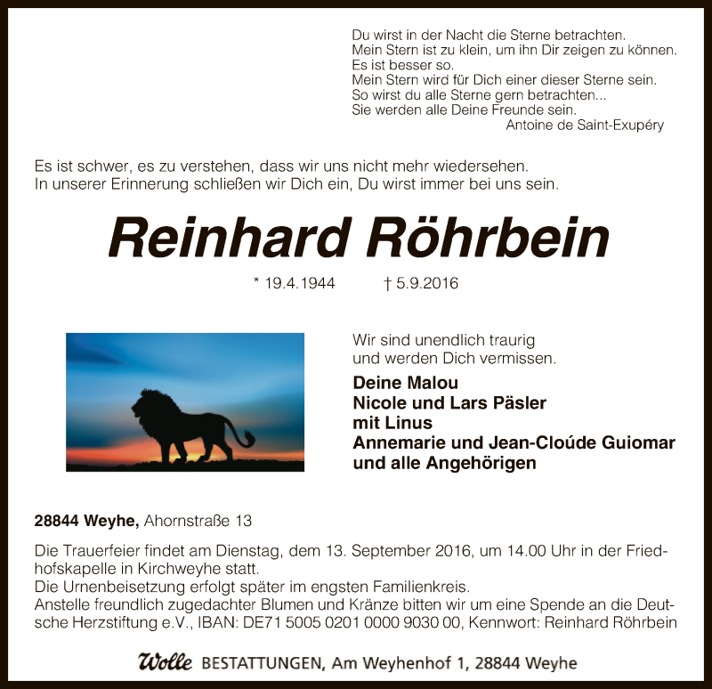  Traueranzeige für Reinhard Röhrbein vom 07.09.2016 aus SYK