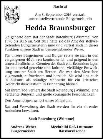 Traueranzeige von Hedda Braunsburger von SYK