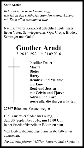 Traueranzeige von Günther Arndt von SYK