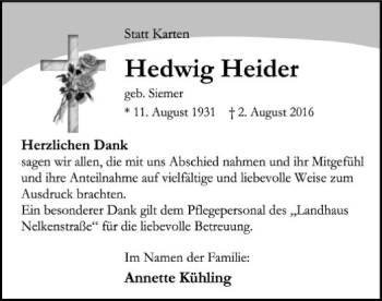 Traueranzeige von Hedwig Heider von SYK