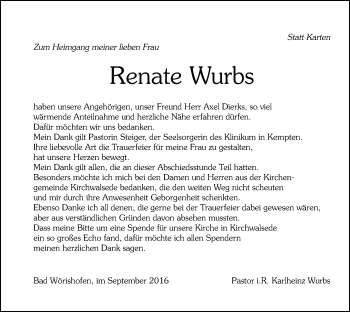 Traueranzeige von Renate Wurbs von SYK