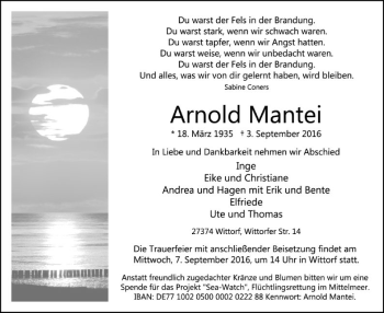 Traueranzeige von Arnold Mantei von SYK