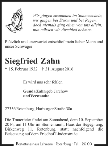 Traueranzeige von Siegfried Zahn von SYK