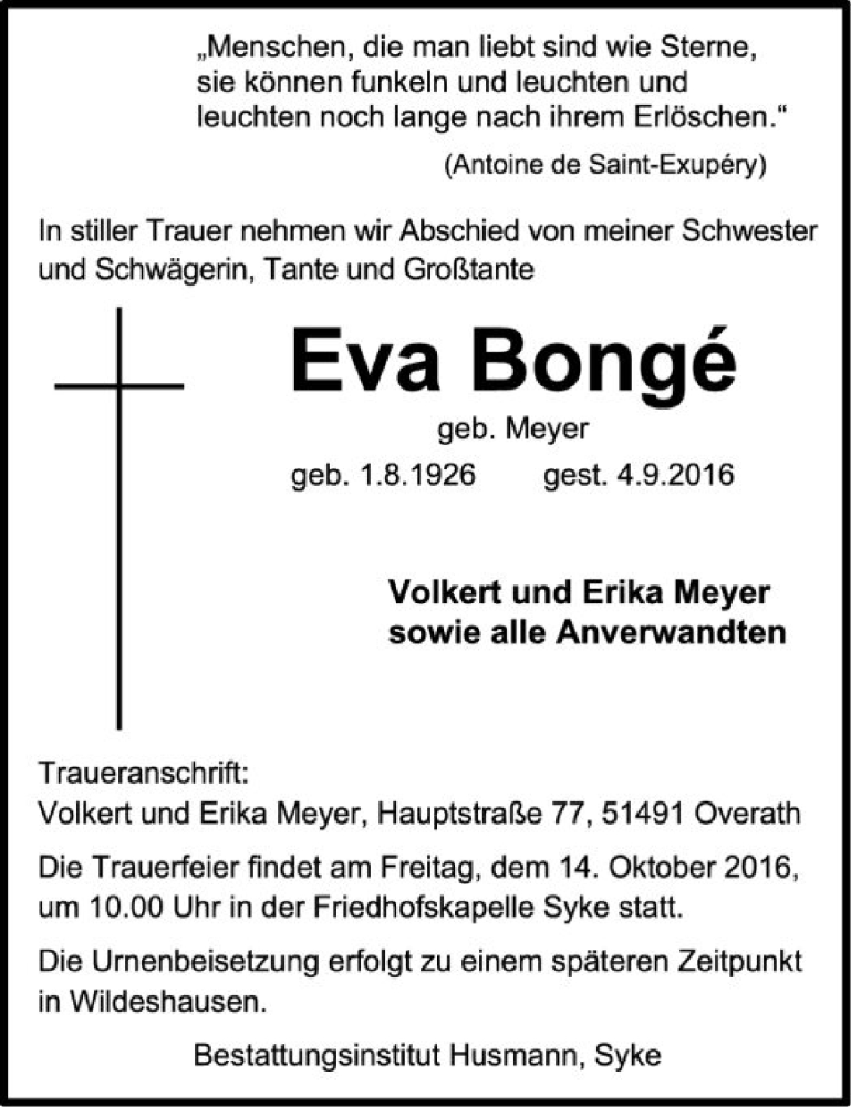  Traueranzeige für Eva Bongé vom 10.09.2016 aus SYK