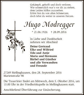 Traueranzeige von Hugo Modregger von SYK