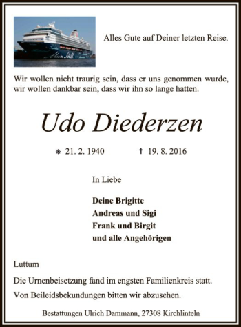 Traueranzeige von Udo Diederzen von SYK