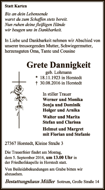 Traueranzeige von Grete Dannigkeit von SYK