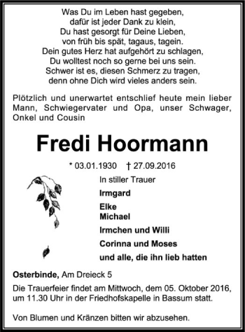 Traueranzeige von Fredi Hoormann von SYK