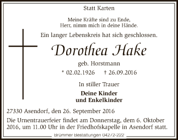 Traueranzeige von Dorothea Hake von SYK