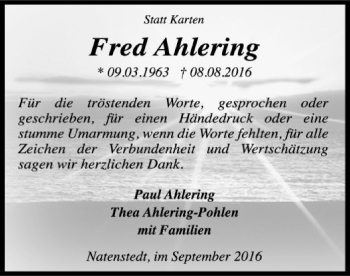 Traueranzeige von Fred Ahlering von SYK