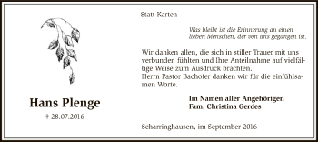 Traueranzeige von Hans Plenge von SYK