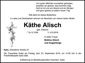 Traueranzeige von Käthe Alisch von SYK