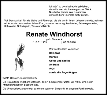 Traueranzeige von Renate Windhorst von SYK