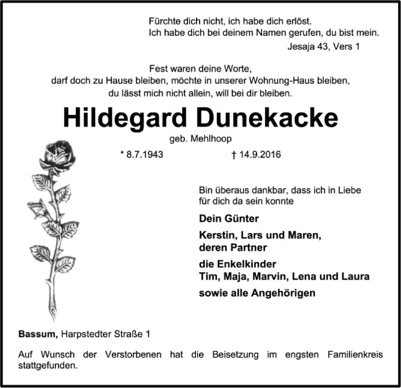  Traueranzeige für Hildegard Dunekacke vom 21.09.2016 aus SYK