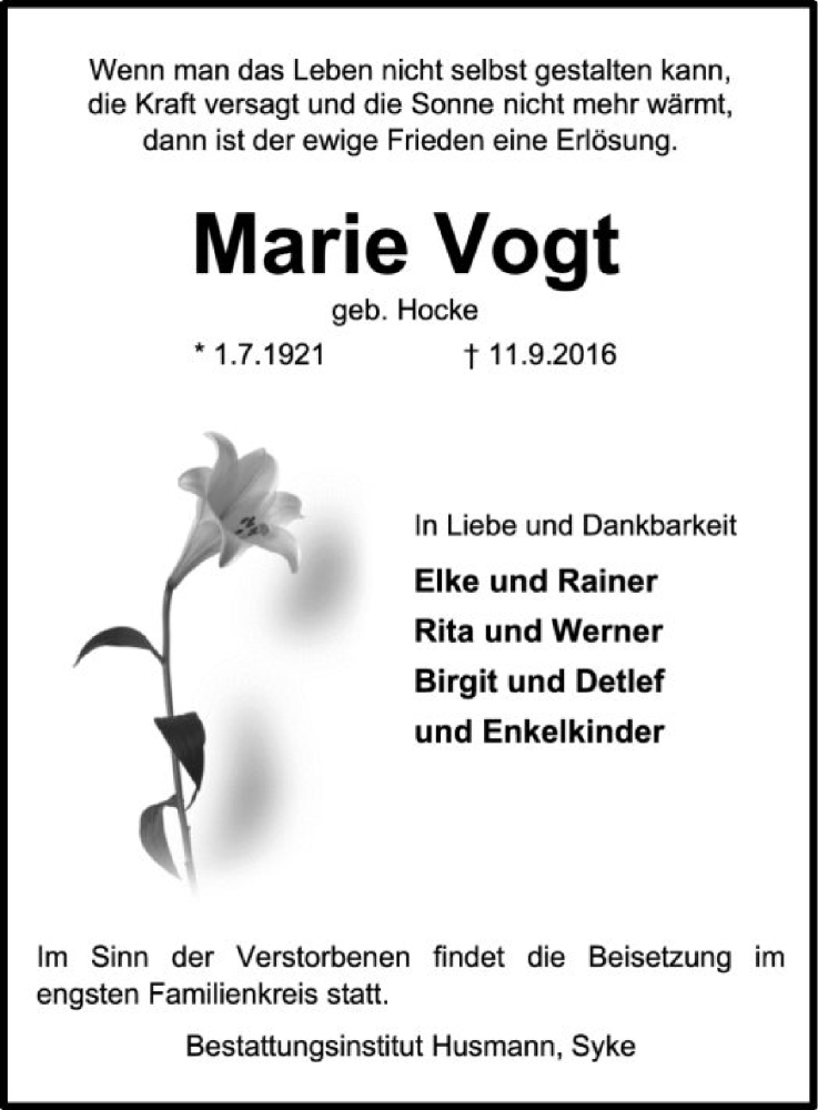  Traueranzeige für Marie Vogt vom 13.09.2016 aus SYK