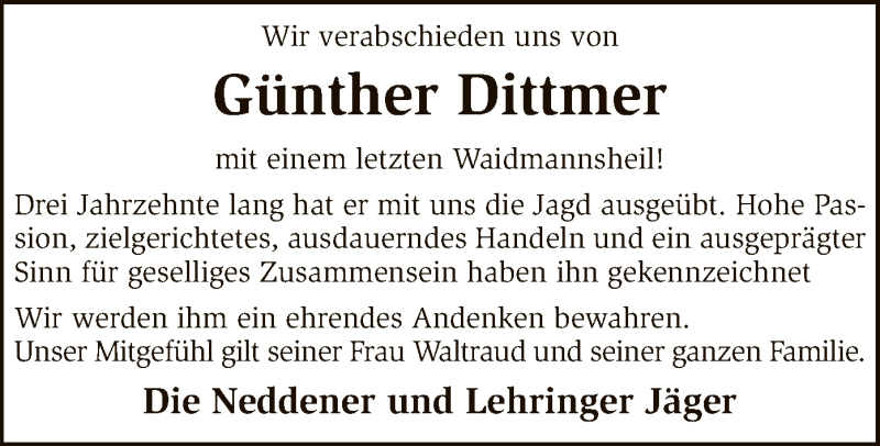  Traueranzeige für Günther Dittmer vom 27.09.2016 aus SYK