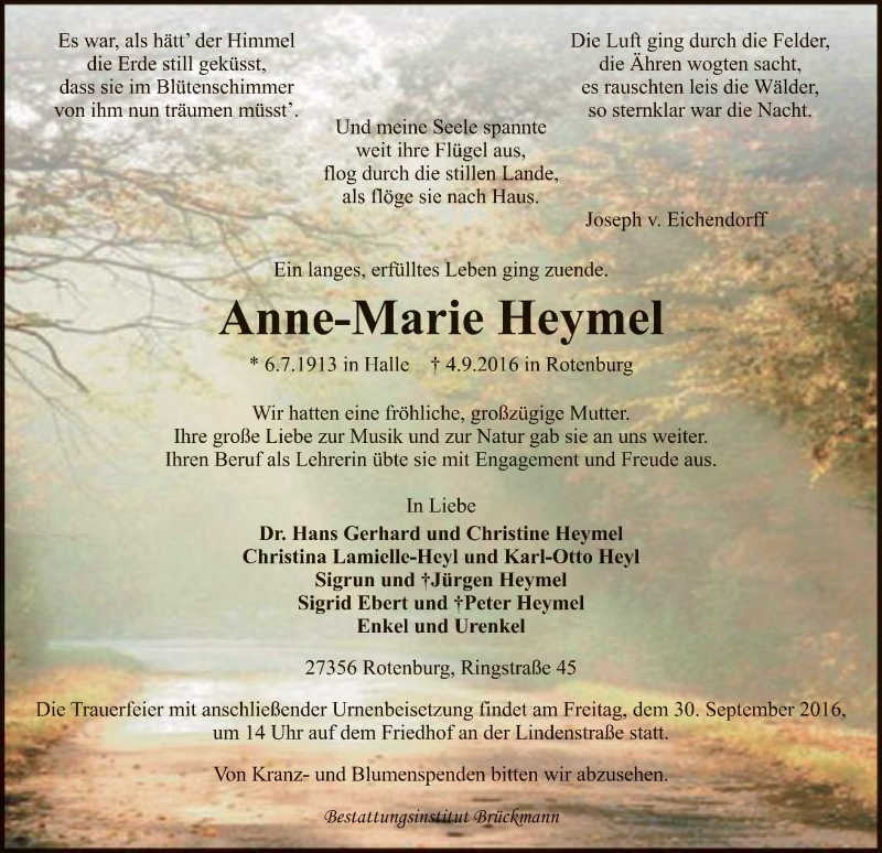  Traueranzeige für Anne-Marie Heymel vom 10.09.2016 aus SYK
